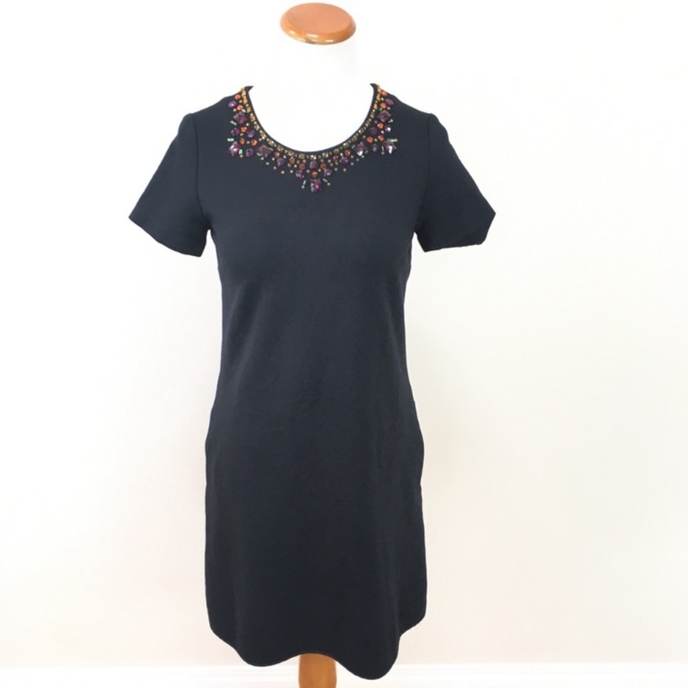 Kate Spade Black Glimmer Shift Dress Jeweled Collar Short Sleeve Women’s Sz 4